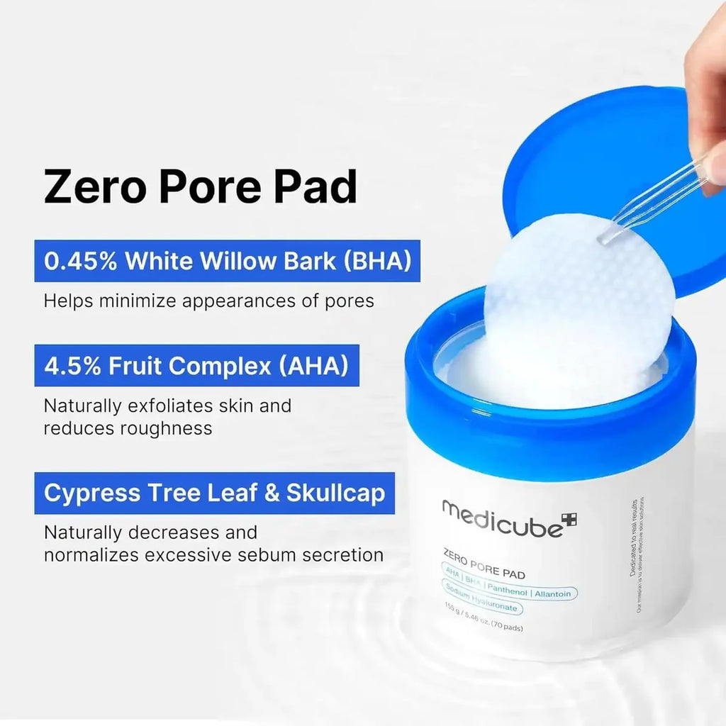 Medicube - Toallitas Zero Pore Pad 2.0 de doble textura con AHA y BHA para limpieza profunda de poros, exfoliación y control de brillo (70 Toallitas)